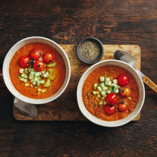 This Gazpacho with a glass of Albariño offers a refreshing and nutritious meal, perfect for hot summer days, delivering a blend of vitamins, minerals, and antioxidants from the array of fresh vegetables used in the recipe.